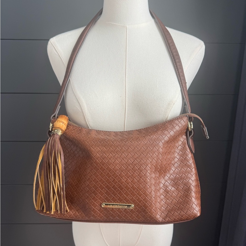 Liz Claiborne Tan Brown Faux Leather Woven Shoulder Bag Tassle
